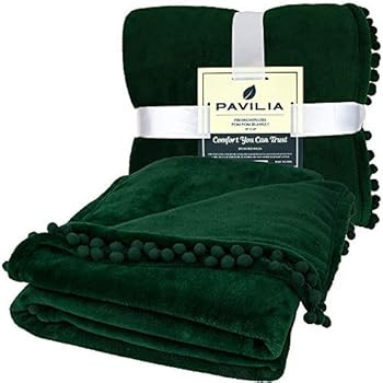 PAVILIA Pom Pom Blanket Throw, Emerald Green Dark | Soft Fleece Pompom Fringe Blanket for Couch B... | Amazon (US)