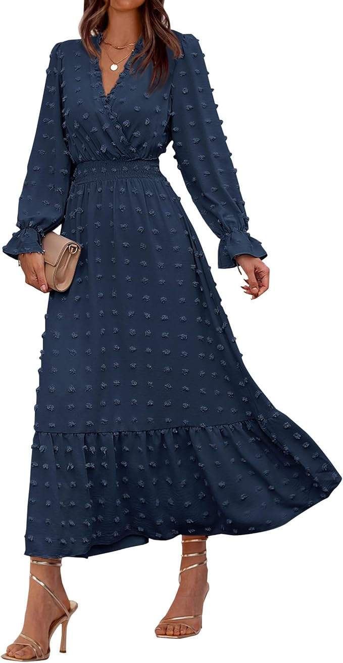 BTFBM Women Fall Dresses 2024 Long Sleeve V Neck Swiss Dots Maxi Dress Boho Long Dress High Waist... | Amazon (US)