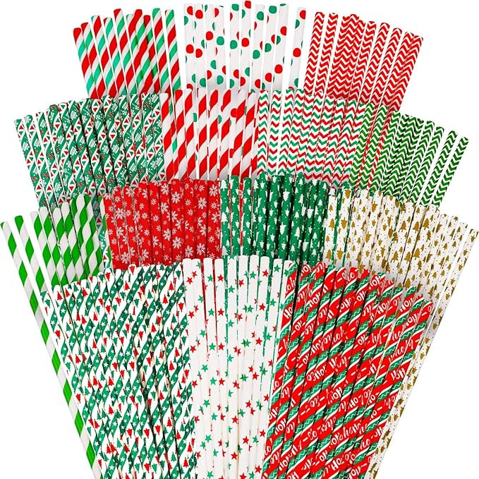200 Pieces Christmas Holiday Paper Straws Drinking Straws Striped Dot Christmas Tree Pattern Stra... | Amazon (US)