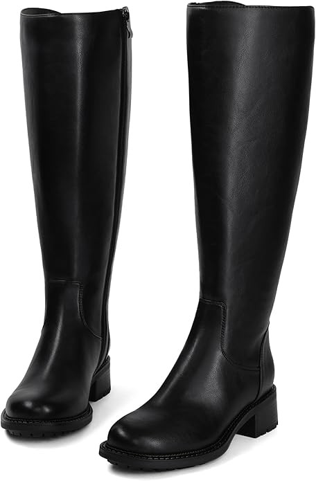 USIMAD Knee High Boots for Women Round Toe Tall Flat Low Chunky Heel Long Riding Boots | Amazon (US)