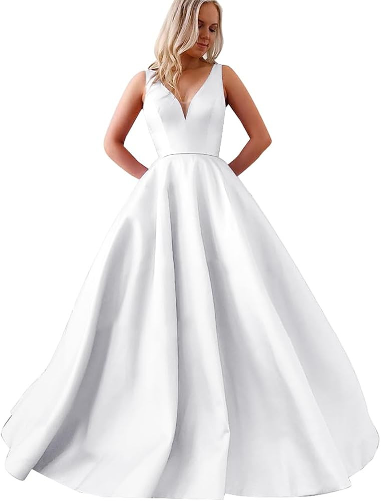 Satin A Line Prom Dresses for Bride V Neck Prom Dresses with Pockets Simple Long Ball Gowns | Amazon (US)