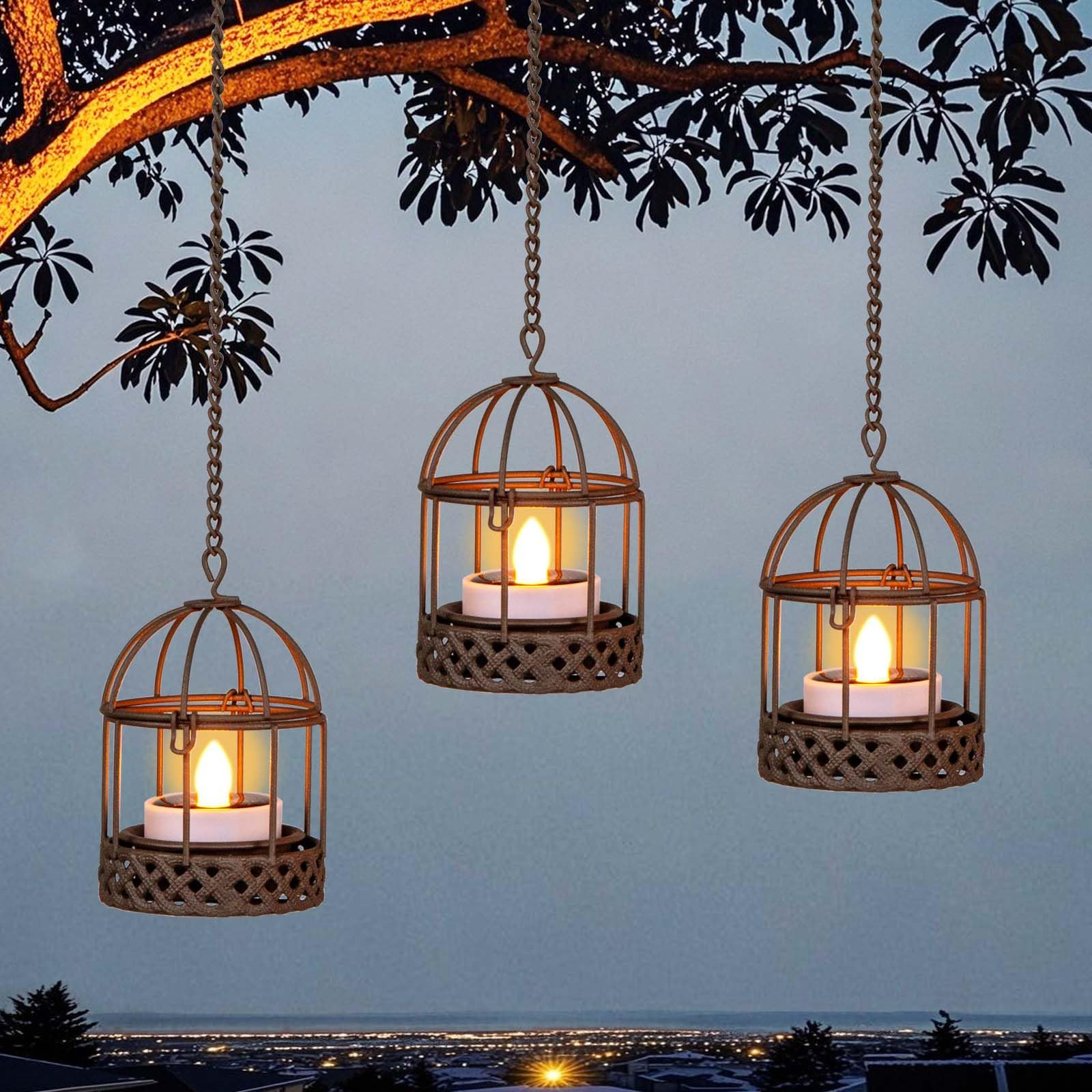 Solar-Hanging-Lanterns-Outdoor-Waterproof, Rust Birdcage Style Candle Holders with Flickering Sol... | Amazon (US)