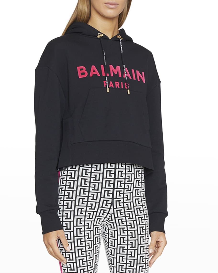 Balmain Flocked Logo Cropped Hoodie | Neiman Marcus