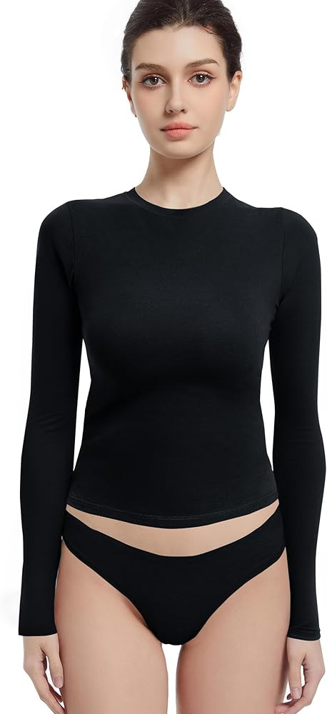 Abonlen Long Sleeve Shirts for Women Crewneck Basic Tees T Shirts Fitted Crop Tops Y2k Going Out ... | Amazon (US)