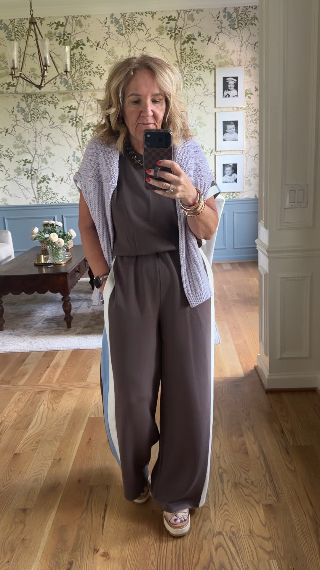 @Spanx jumpsuit size medium petite 
Sweater size medium 
Sandals are so comfortable and sturdy I love these for everyday and lots of walking 
20% off my bracelets code NANETTE20


#LTKPetite #LTKootd #LTKOver40