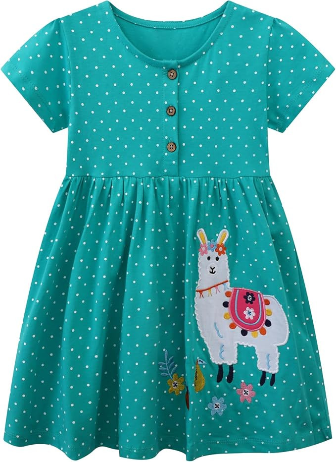 FreeLu Girls Cartoon Appliques Dress Cotton Summer Short Sleeve Dresses Casual Jersey Skirt | Amazon (US)