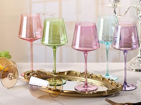 Physkoa Colored Wine Glasses Set of 6 - Multi Colored Square Wine Glasses with Tall Long Stems an... | Amazon (US)