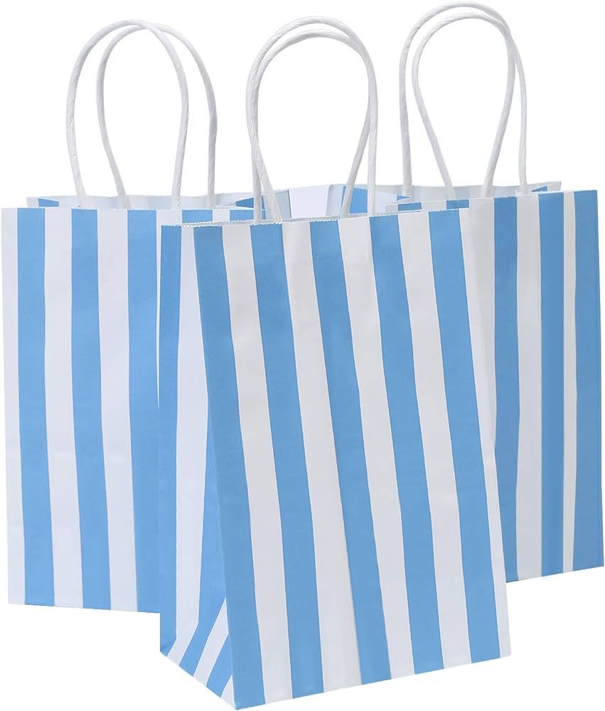 Light Blue Gift Bags 50pcs Gift Bags With Handles Bulk 5.25x3.25x8 Inches Small Blue Striped Pape... | Amazon (US)