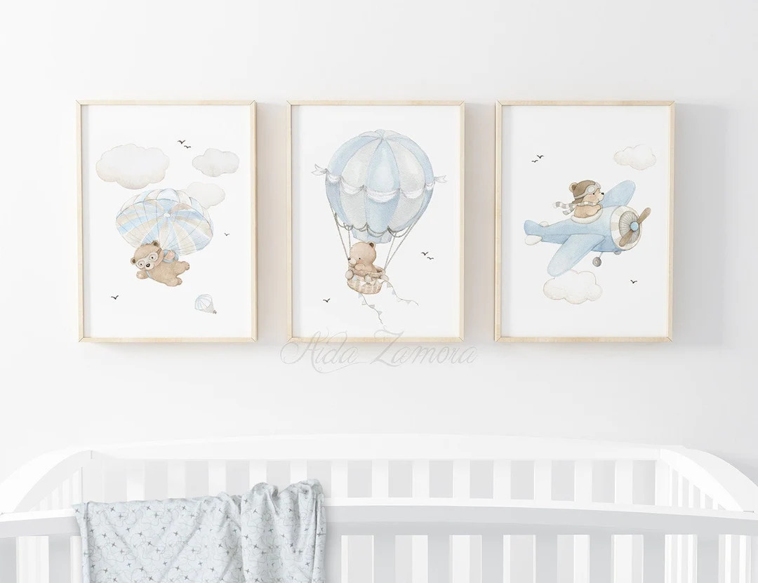 SET of three Nursery Art "BEARS in the AIR" Nursery wall art, Nursery Plane, Boy nursery prints, ... | Etsy (US)