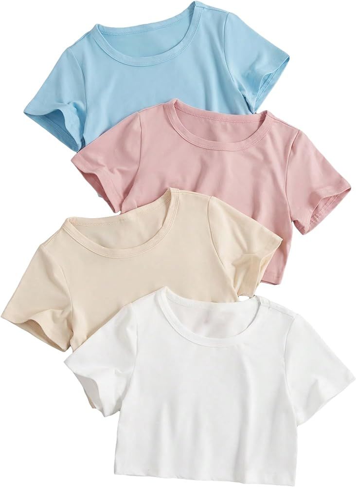 SOLY HUX Girl's 4 Piece Short Sleeve Round Neck Tee T Shirts Summer Crop Tops | Amazon (US)