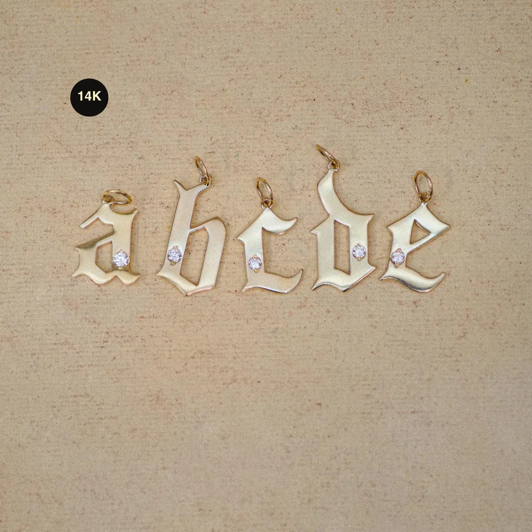 14K REAL Genuine Natural Diamond Initial Gothic Letter Charm, Solid Gold Old English Pendant for ... | Etsy (US)