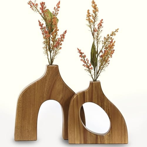 Wooden Vases for Decor Set of 2 - Small Decorative Wood Vase for Faux Flowers & Plants - Modern & Scandinavian Home Decor for Table, Centerpieces, & Living Room | Amazon (US)
