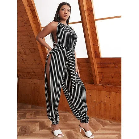 Women s Plus Striped Cut Out Side Halter Neck Belted Jumpsuit 20112W231614 | Walmart (US)