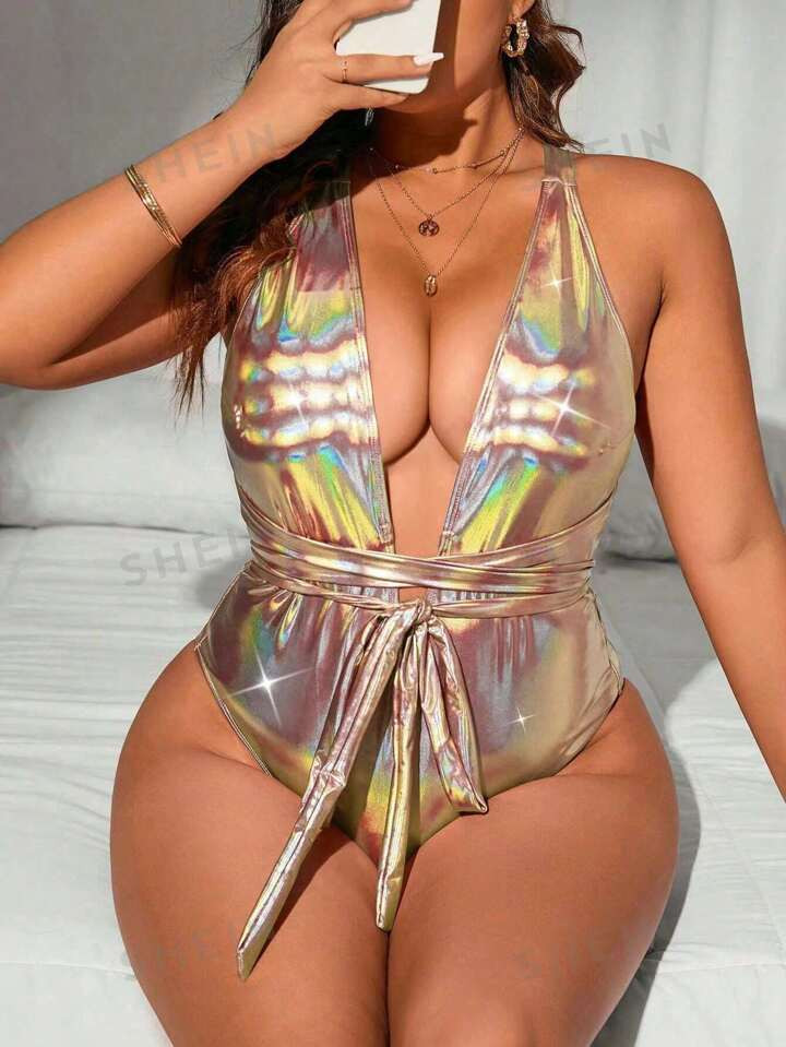 SHEIN Swim SXY Plus Size One Piece V Neck Swimsuit With Laser Reflection | SHEIN