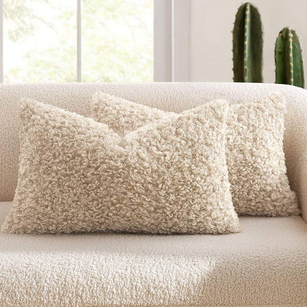 MIULEE Pack of 2 Lumbar Faux Fur Throw Pillow Covers 12x20 Inch Neutral Oatmeal Boucle Decorative... | Amazon (US)