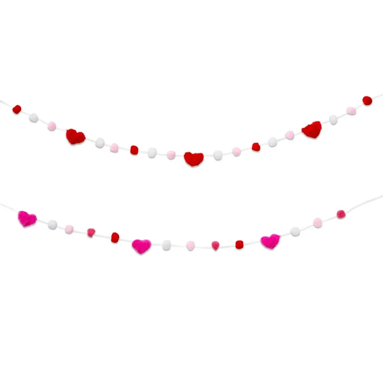 Valentine's Day Red, Pink & White Hearts & Pom Pom Garland, 6 ft, 2 Count, by Way To Celebrate - ... | Walmart (US)