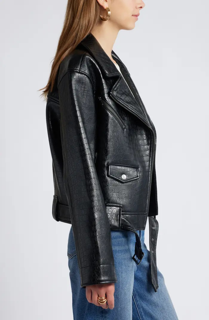 Open Edit Belted Oversize Croc Embossed Faux Leather Moto Jacket | Nordstrom | Nordstrom