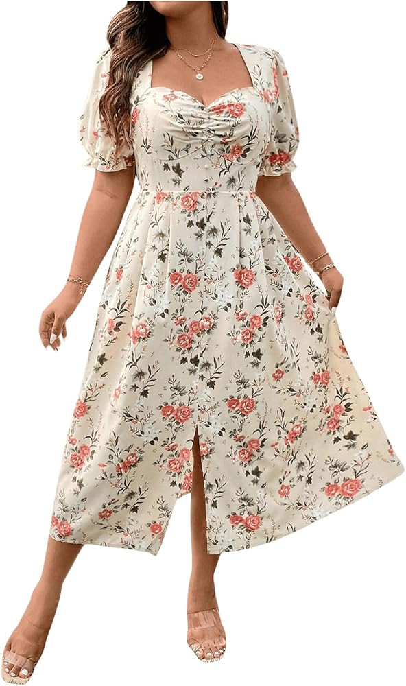 Floerns Women's Plus Size Floral Print Tie Front Square Neck Slit Hem Midi Dress | Amazon (US)