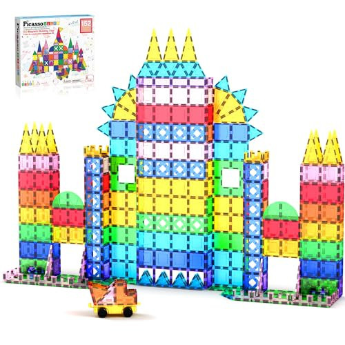 PicassoTiles Magnetic Tiles 152pcs Mirror Theme Magnet Tile Building Blocks STEM Sensory Toys with Car for Kids Toddlers Boys Girls Age 3+ Educational Learning Construction Play Set PT152 | Amazon (US)