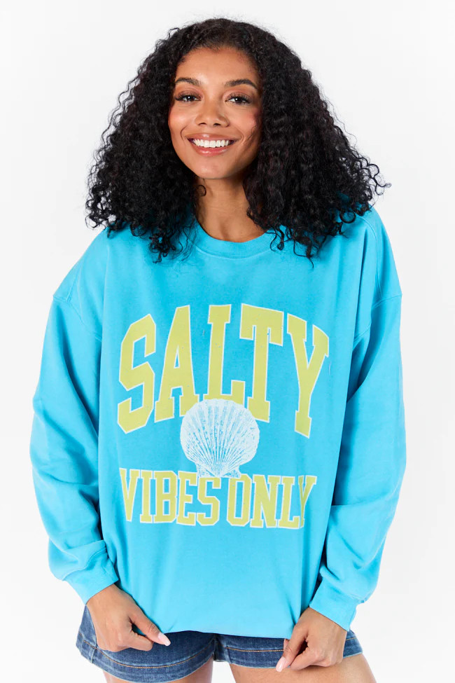 Salty Vibes Only Aqua Oversized Graphic Sweatshirt | Pink Lily