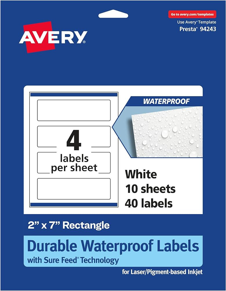 Avery Durable Waterproof Rectangle Labels with Sure Feed, 2" x 7", 40 Oil and Tear-Resistant Wate... | Amazon (US)