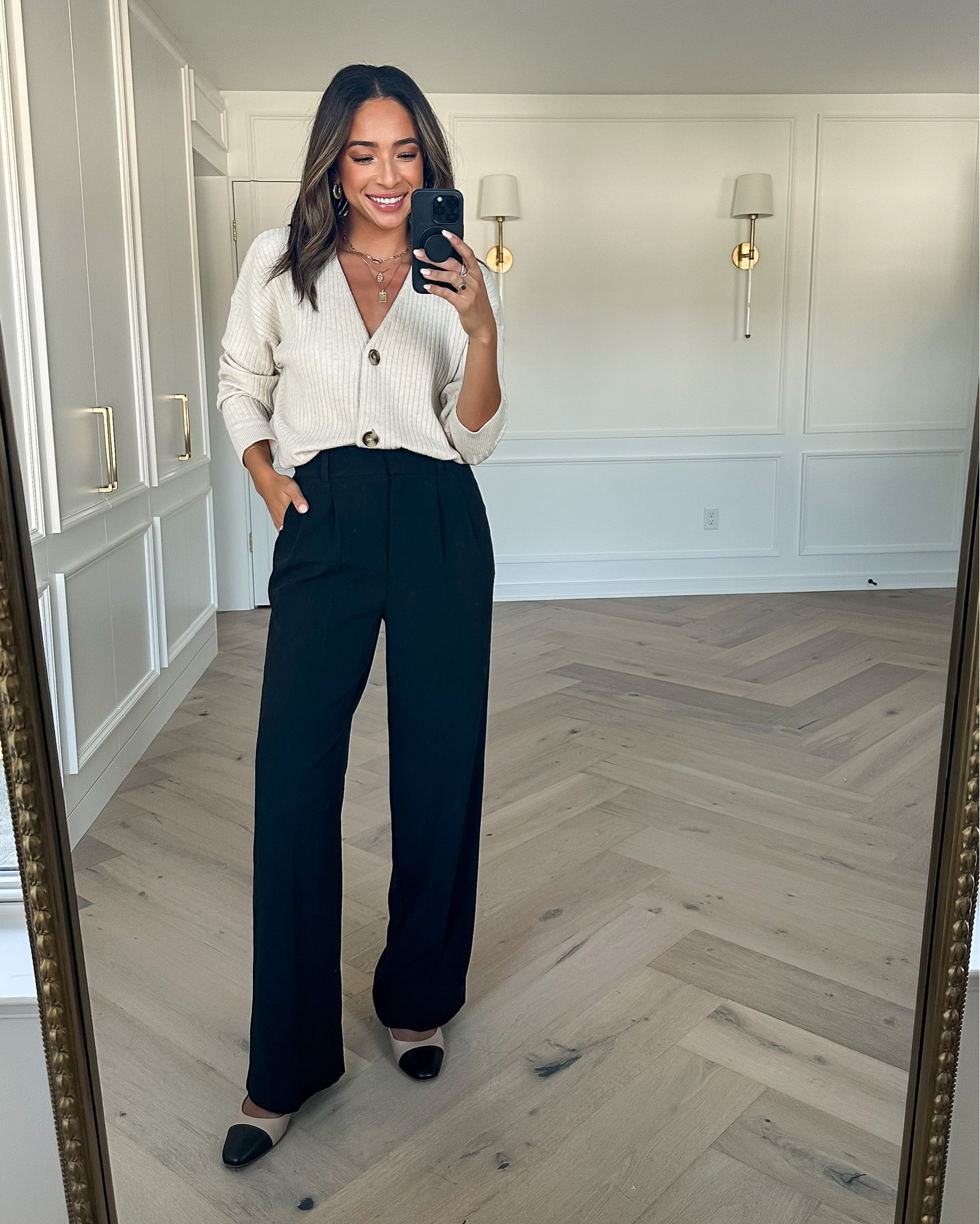 Nordstrom anniversary sale outfit 🖤 wearing a 4 in wide leg pants (run small in waist) small in cardigan (tts) and cap toe flats run tts. 

#LTKunder100 #LTKxNSale #LTKstyletip