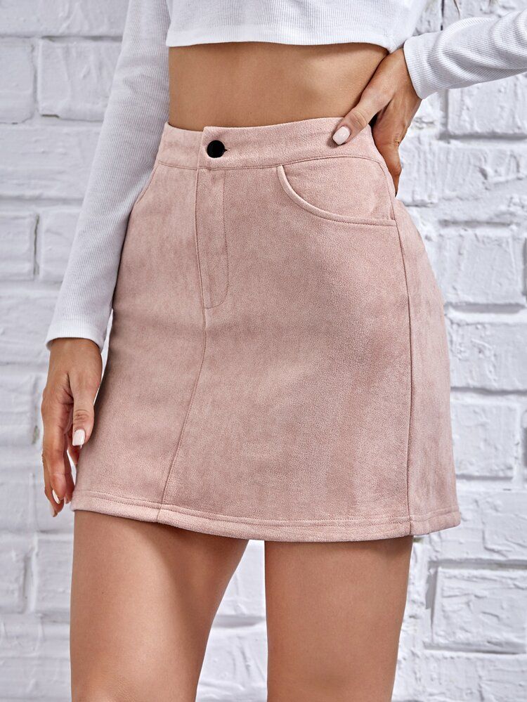 Button Fly Mini Suede Skirt | SHEIN