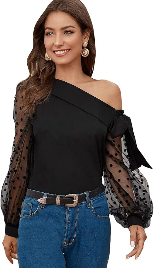 Verdusa Women's Tie Knot Asymmetrical Neck Mesh Long Sleeve Blouse Tops | Amazon (US)