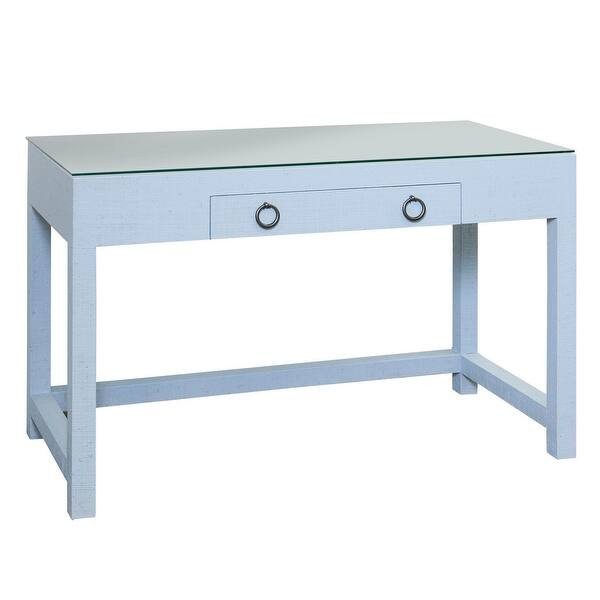 Bay St. Louis - Woven Raffia Desk with Glass Top - Silver Leaf Finish - Mist Blue | Bed Bath & Beyond