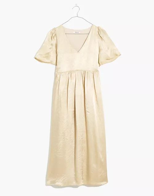 Button-Front Puff-Sleeve V-Neck Midi Dress in Shiny Gold | Madewell