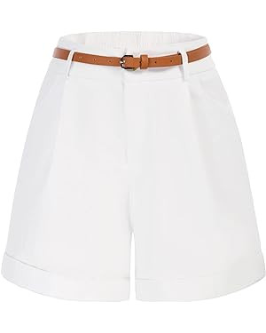 Belle Poque Women Bermuda Shorts Elastic Waist Wide Leg Shorts with Pockets & Belts | Amazon (US)