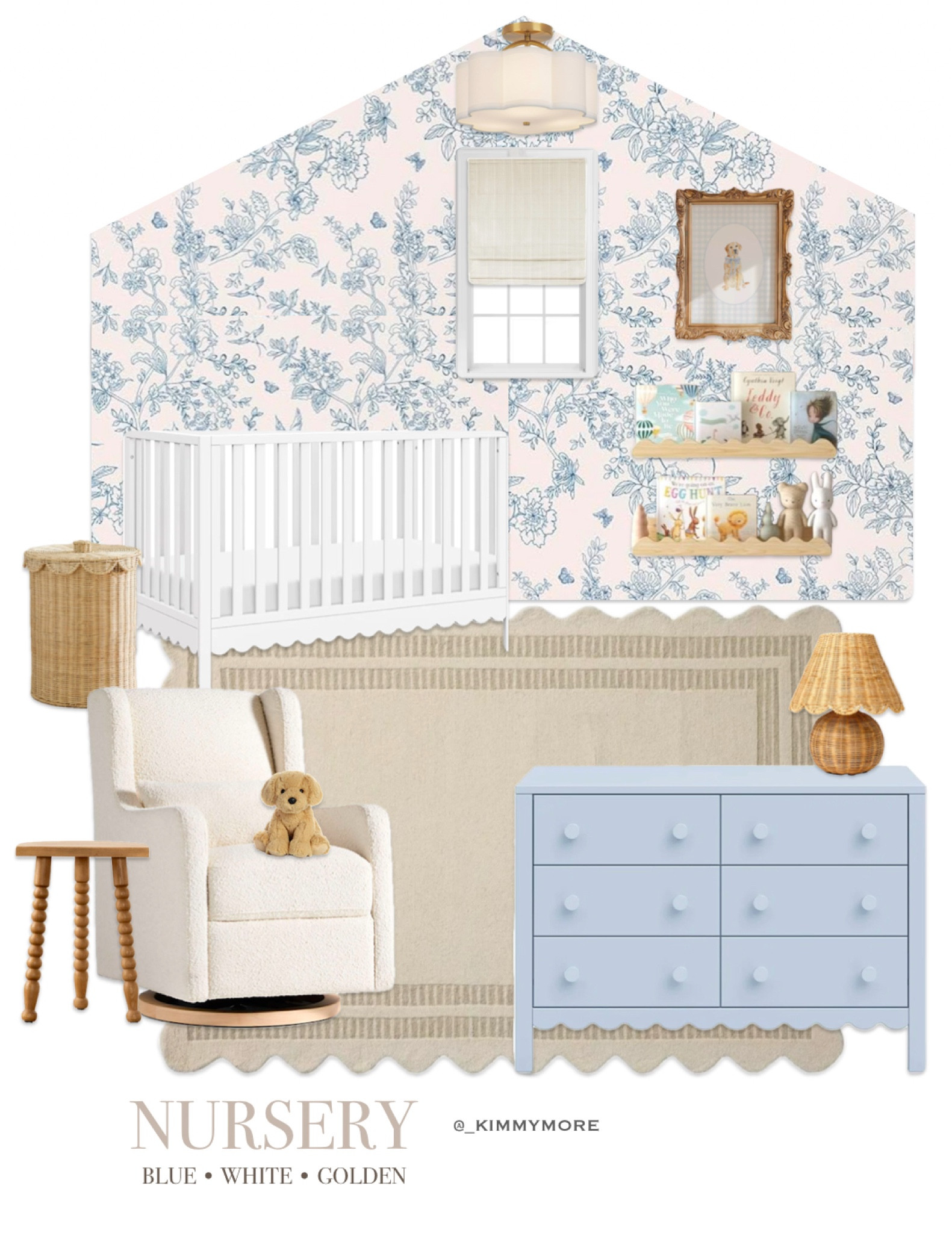 Blue and White Nursery | Golden, Neutrals 

Designing a serene and stylish nursery? This classic blue and white nursery is perfect for a baby boy or gender-neutral space! Featuring soft textures, elegant wallpaper, and cozy furniture, this space balances charm and functionality. Shop the look for this dreamy baby room with a scalloped rug, boucle glider, and more! ✨ #nurseryinspo #babyroomdecor #blueandwhitenursery #neutralnursery #homedecor #babyroomideas #vintageroom #girlsnursery #boysnursery
