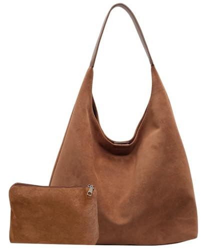 Suede Slouchy Tote Bag - Large Brown Women's Shoulder Satchel Purse for Office & Travel | Amazon (US)
