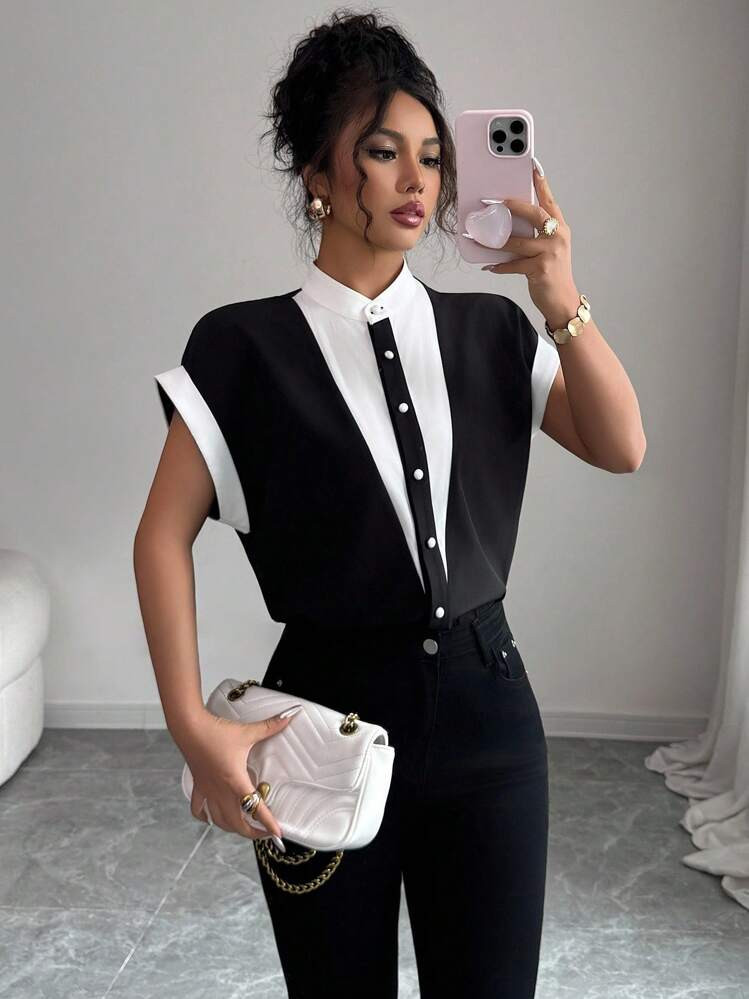 Selianne Women's Elegant Patchwork Dress Shirt, Fashionable For Summer | SHEIN