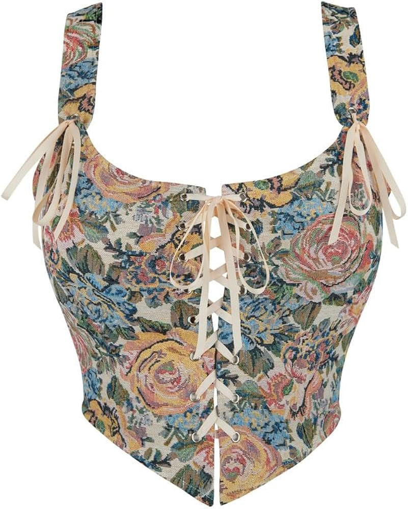 Dreay Womens Vintage Floral Print Grommet Lace Up Tie Front Corset Bustier Shapewear Top | Amazon (US)