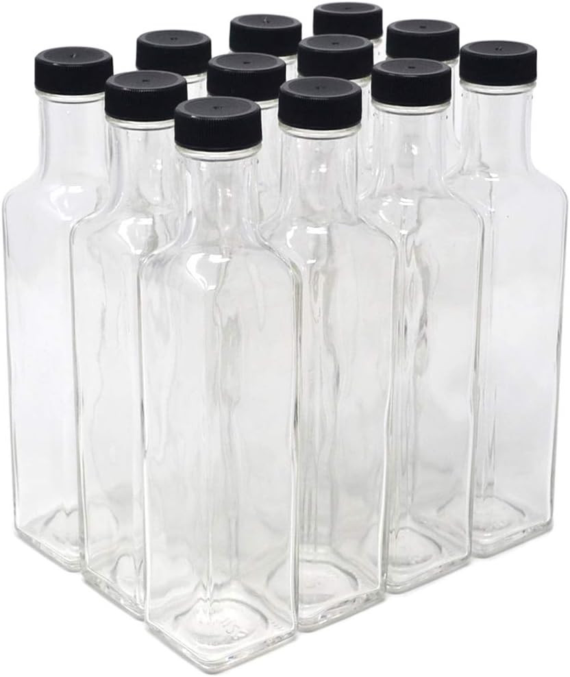 nicebottles - Clear Glass Quadra Bottles, 250ml, Black Caps (8.5 Fl Oz) - Case of 12 | Amazon (US)