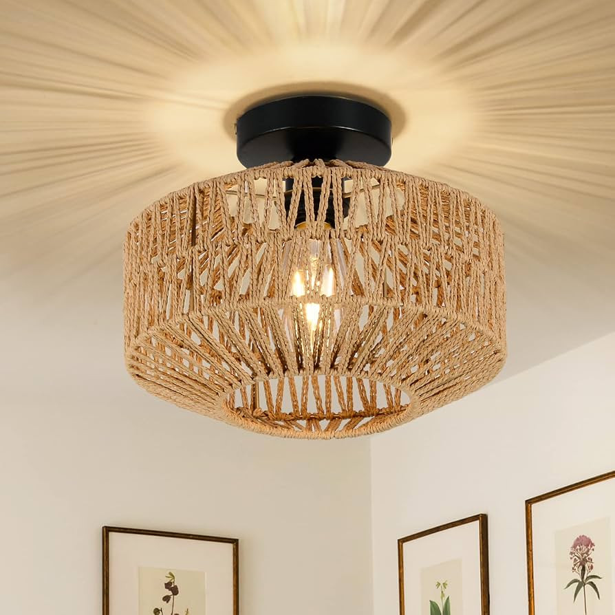 Boho Light Fixtures Ceiling Mount,Mini Rattan Chandelier Light Fixture with Dimmable LED Bulb,Han... | Amazon (US)