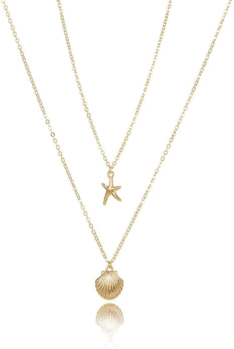 Tgirls Boho Layered Starfish Necklace Seashell Pendant Necklaces Chain for Women | Amazon (US)