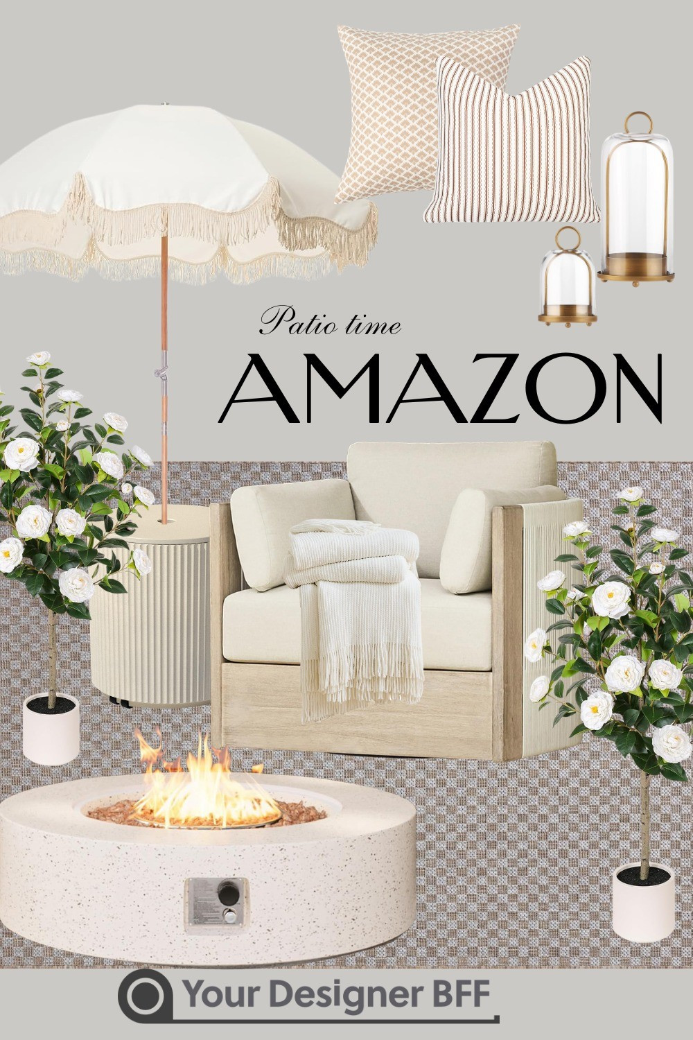 Neutral patio perfection 🤍 A cozy outdoor setup featuring a soft lounge chair, textured pillows, fringe umbrella, and a modern fire pit—perfect for slow mornings or sunset unwinding. Warm, layered, and effortlessly chic.

#LTKHome #LTKSeasonal