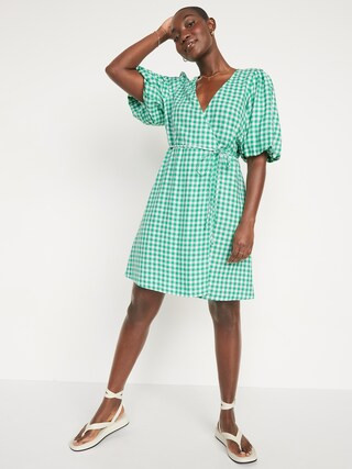 Puff-Sleeve Waist-Defined Gingham Mini Wrap Dress | Old Navy (US)