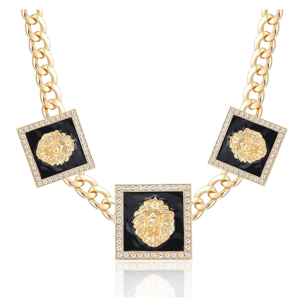 Women's Statement 3 Square Lion Heads Choker Chain Necklace Hip Hop Chunky Chain Crystal Necklace... | Amazon (US)