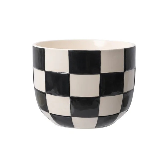 Mainstays Lennon Round Ceramic Planter, Black Checkered, 8.1 in x 8.1 in x 6 in | Walmart (US)