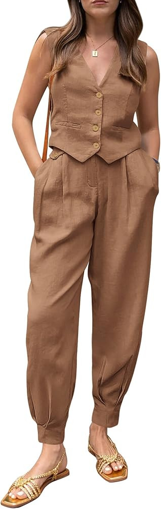 PRETTYGARDEN 2 Piece Sets for Women Summer 2026 V Neck Button Front Cropped Tank Tops Vest Pocket... | Amazon (US)