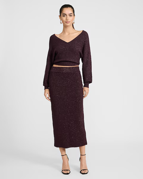 Two Piece Set: Glitter Double V-neck Dolman Sweater + Metallic High Waisted Midi Sweater Skirt | ... | Express