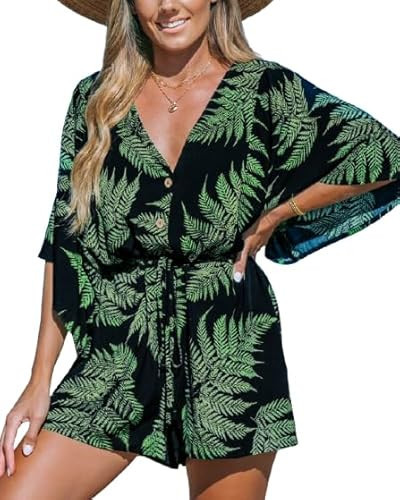 CUPSHE Women's Boho Floral Romper Short Sleeve V Neck Tie Waist Summer Beach Jumpsuit Tropical Resort Vacation Outfits,M | Amazon (US)