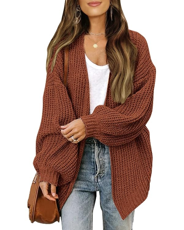 MEROKEETY Women's Open Front Long Lantern Sleeve Cardigan Oversized Chunky Outwear with Pocket | Amazon (US)