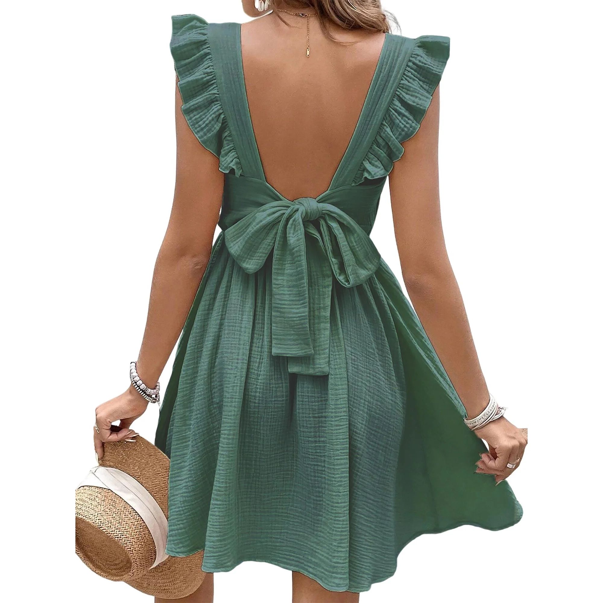 CUPSHE Women's Mini Dress V Neck Flutter Sleeve Cotton Self Tie Back A Line Short Summer Cover Up... | Walmart (US)