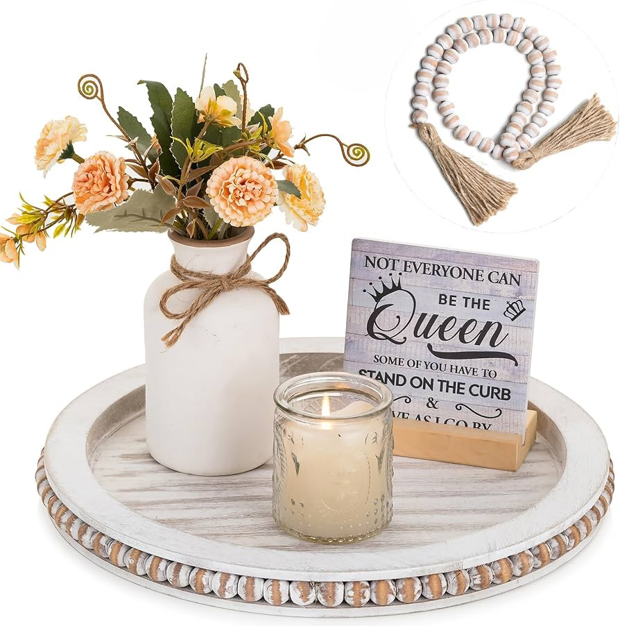 Hanobe Round Wooden Bead Tray: Coffee Table Tray with Wood Beaded Garland Decor Set White Washed ... | Amazon (US)