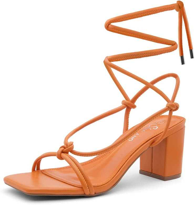 Shoe Land SL-Sweets Women's Lace Up Low Chunky heeled sandals Square Open Toe Strappy Straps Ankl... | Amazon (US)