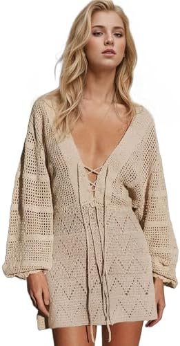 EDOLYNSA Crochet Swimsuit Coverup for Women Long Sleeve Knit Mini Beach Dress Bathing Suit Cover ... | Amazon (US)